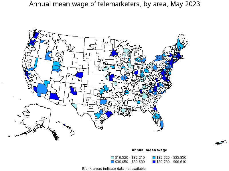 Map of annual mean wages of telemarketers by area, May 2021