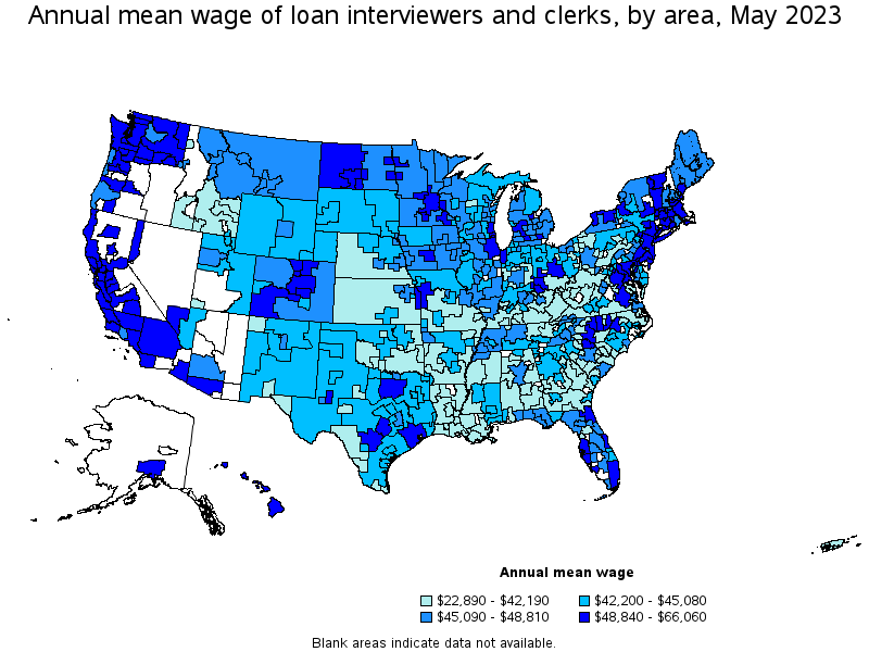 Map of annual mean wages of loan interviewers and clerks by area, May 2023
