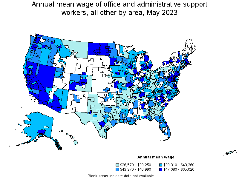 Map of annual mean wages of office and administrative support workers, all other by area, May 2023