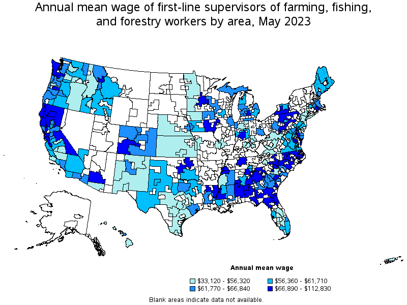 Map of annual mean wages of first-line supervisors of farming, fishing, and forestry workers by area, May 2021