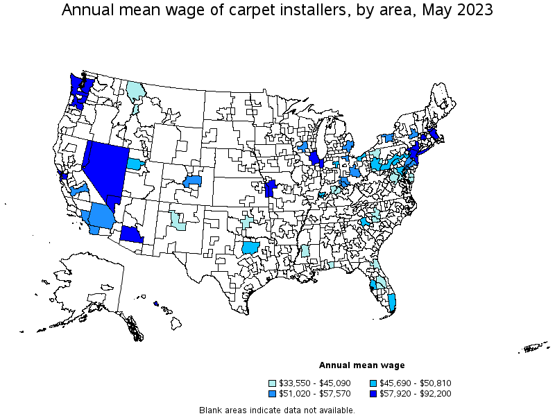 Map of annual mean wages of carpet installers by area, May 2022