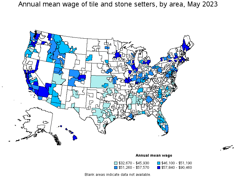 Map of annual mean wages of tile and stone setters by area, May 2021