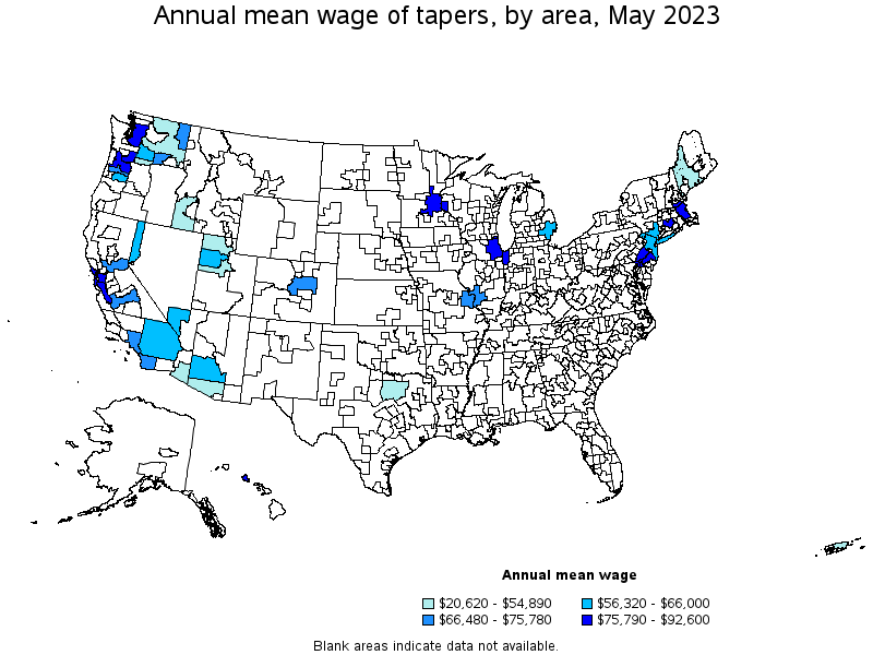 Map of annual mean wages of tapers by area, May 2022