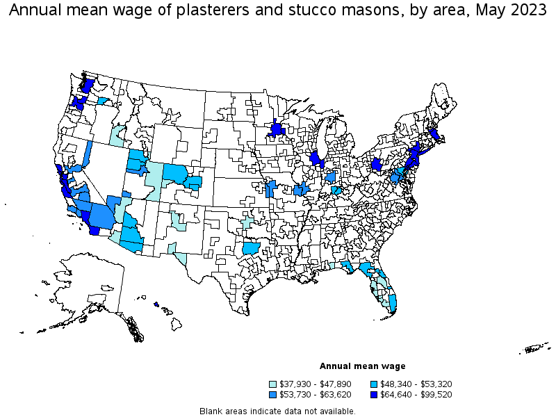 Map of annual mean wages of plasterers and stucco masons by area, May 2022