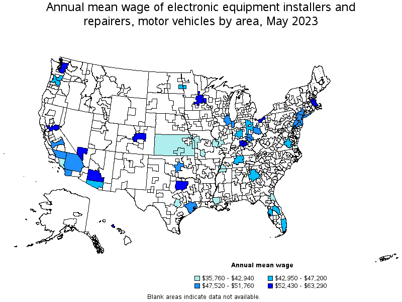 Map of annual mean wages of electronic equipment installers and repairers, motor vehicles by area, May 2021