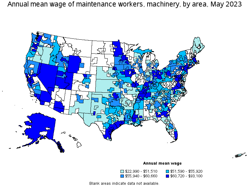 Map of annual mean wages of maintenance workers, machinery by area, May 2022