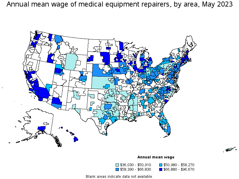 Map of annual mean wages of medical equipment repairers by area, May 2022