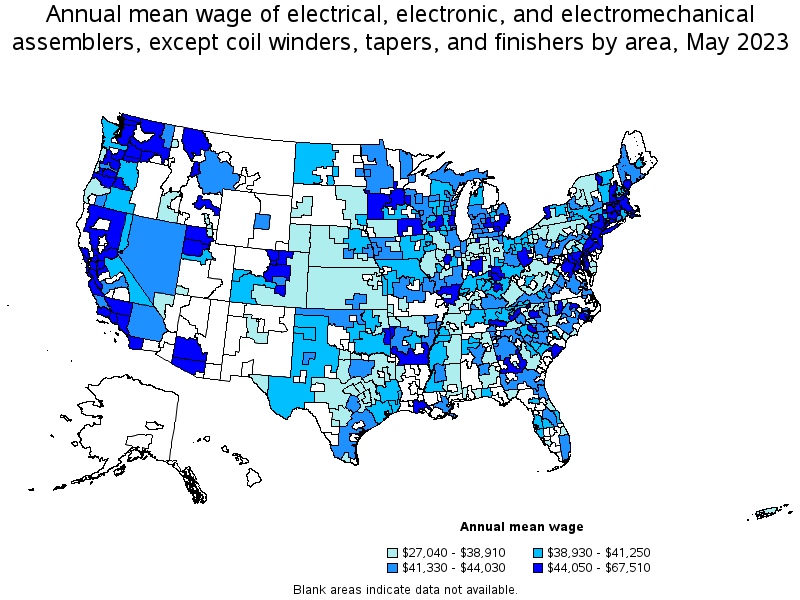 Map of annual mean wages of electrical, electronic, and electromechanical assemblers, except coil winders, tapers, and finishers by area, May 2021