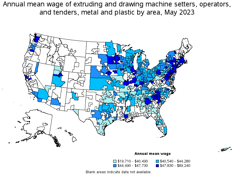 Map of annual mean wages of extruding and drawing machine setters, operators, and tenders, metal and plastic by area, May 2021
