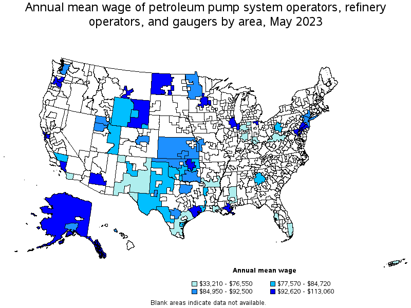 Map of annual mean wages of petroleum pump system operators, refinery operators, and gaugers by area, May 2021