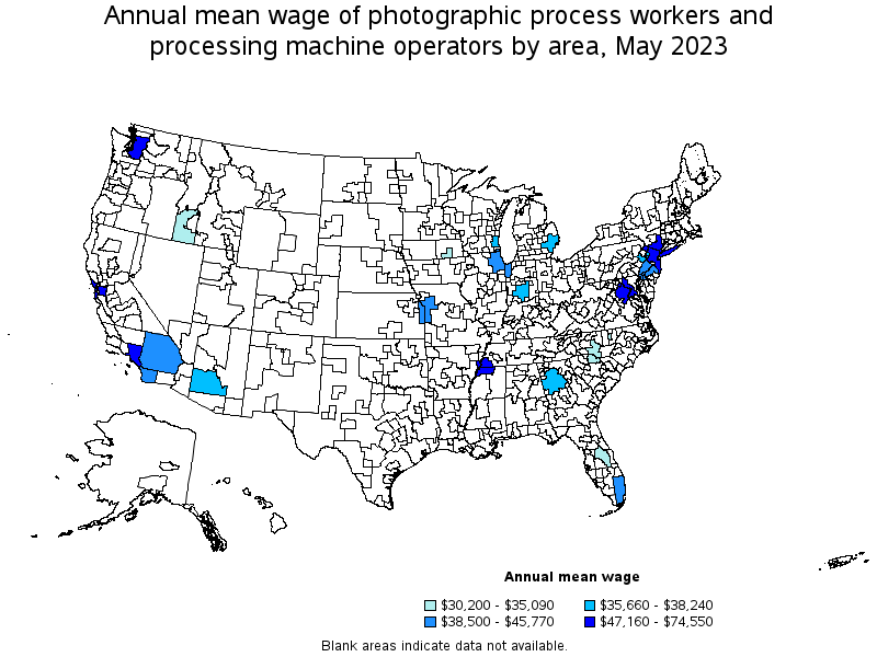 Map of annual mean wages of photographic process workers and processing machine operators by area, May 2021