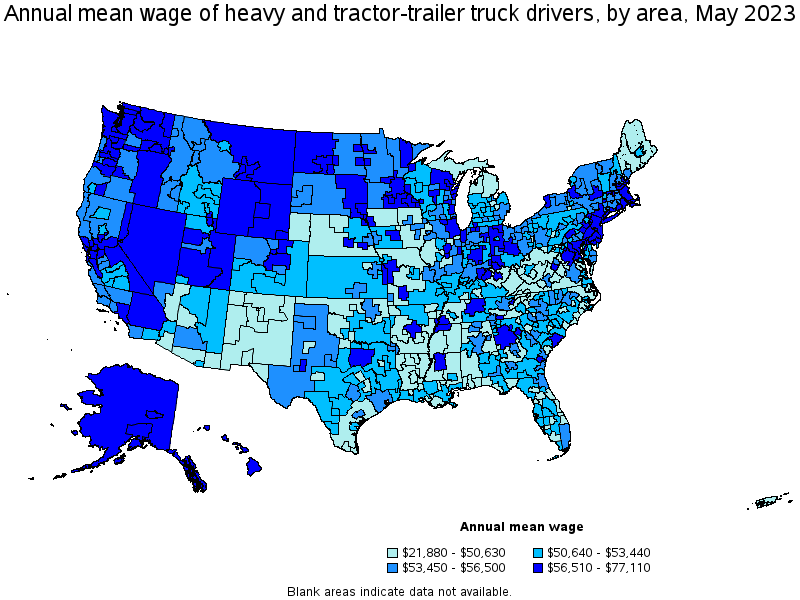Map of annual mean wages of heavy and tractor-trailer truck drivers by area, May 2023