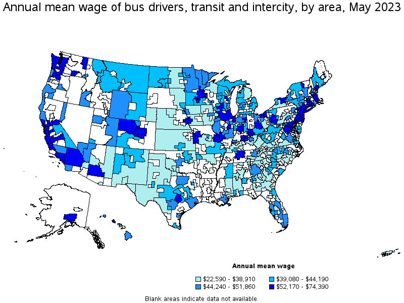 Map of annual mean wages of bus drivers, transit and intercity by area, May 2022