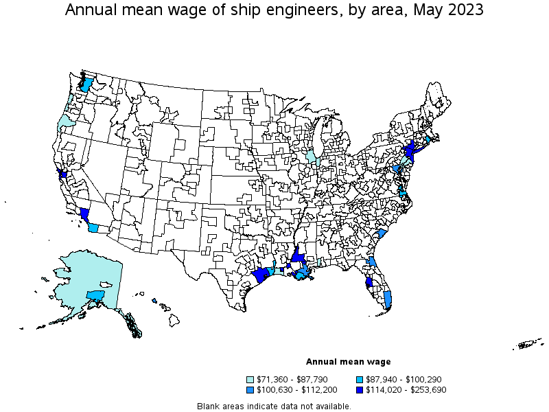 Map of annual mean wages of ship engineers by area, May 2021