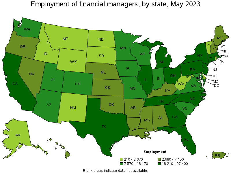 Map of employment of financial managers by state, May 2021