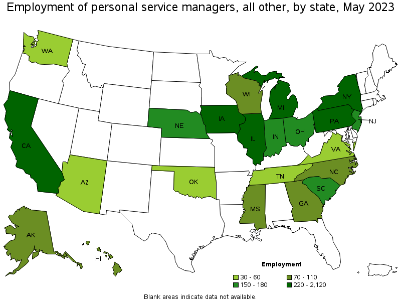 Map of employment of personal service managers, all other by state, May 2022