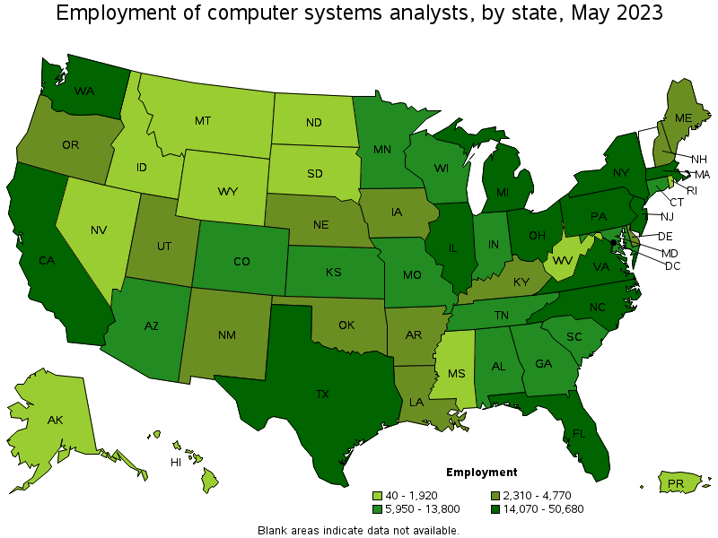 Map of employment of computer systems analysts by state, May 2022