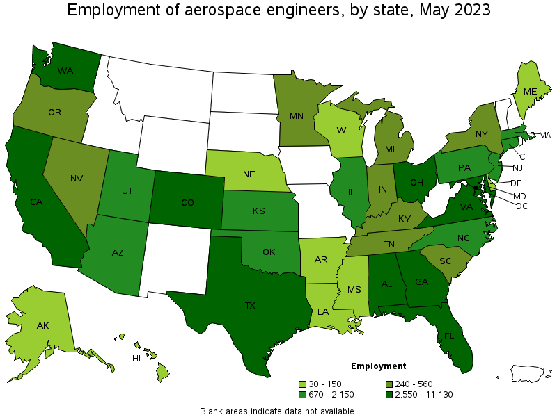Map of employment of aerospace engineers by state, May 2021