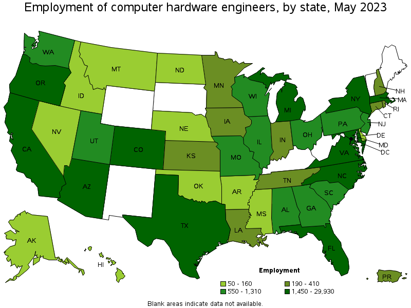Map of employment of computer hardware engineers by state, May 2022