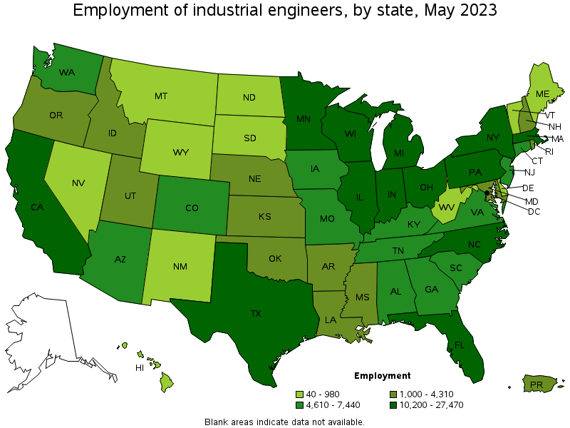Map of employment of industrial engineers by state, May 2021