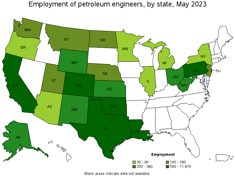 Map of employment of petroleum engineers by state, May 2021