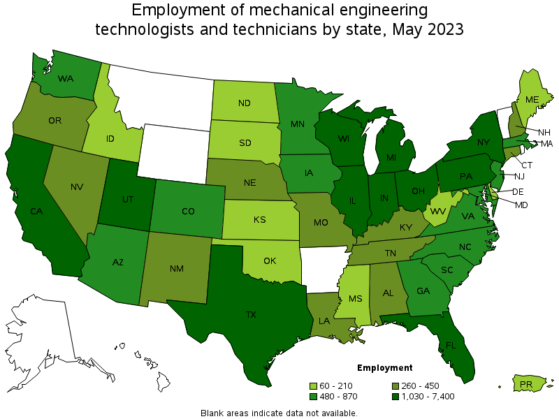 Map of employment of mechanical engineering technologists and technicians by state, May 2021