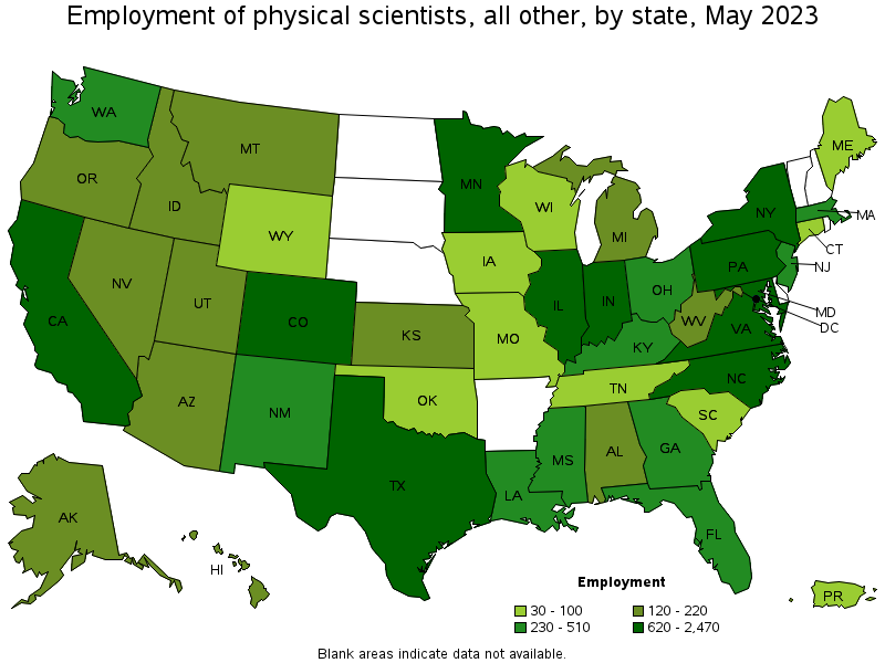 Map of employment of physical scientists, all other by state, May 2021