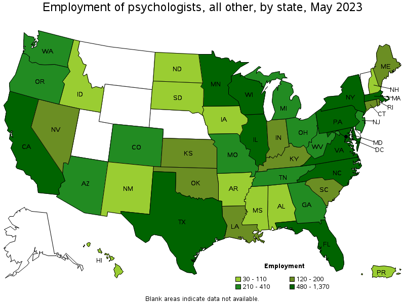 Map of employment of psychologists, all other by state, May 2021