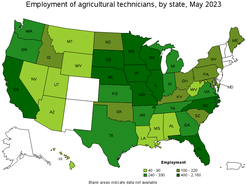 Map of employment of agricultural technicians by state, May 2021