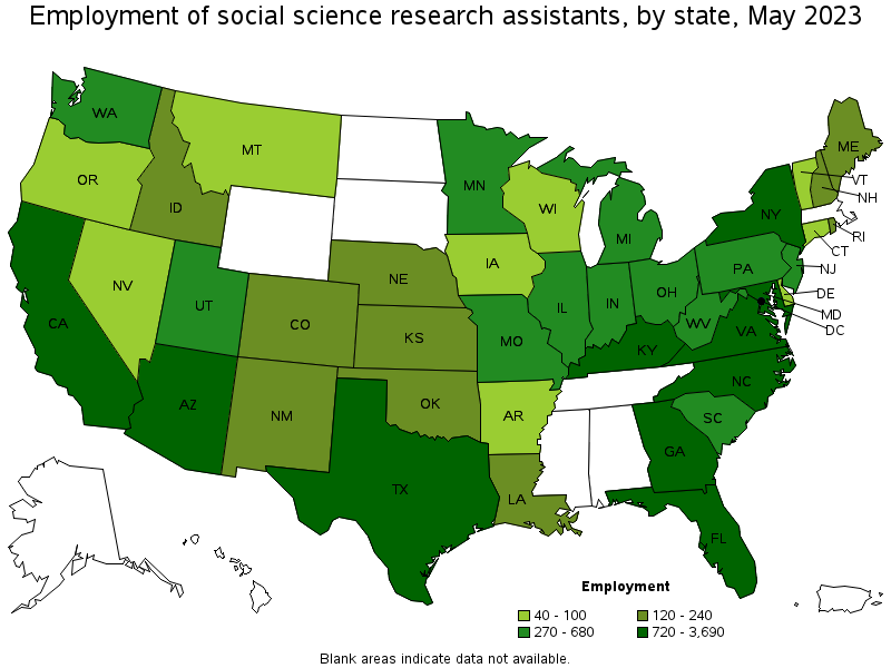 Map of employment of social science research assistants by state, May 2021