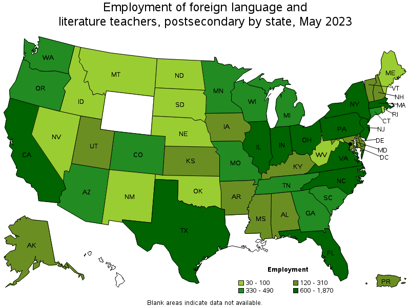 Map of employment of foreign language and literature teachers, postsecondary by state, May 2022