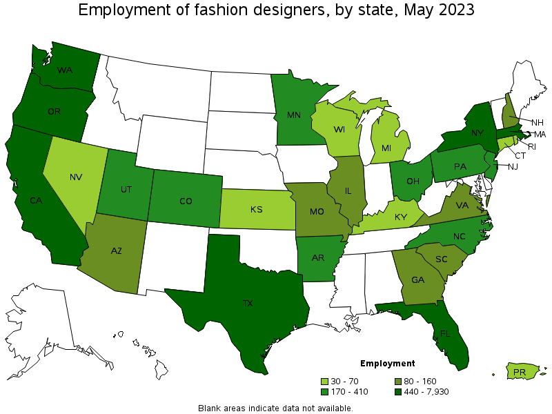 Map of employment of fashion designers by state, May 2021