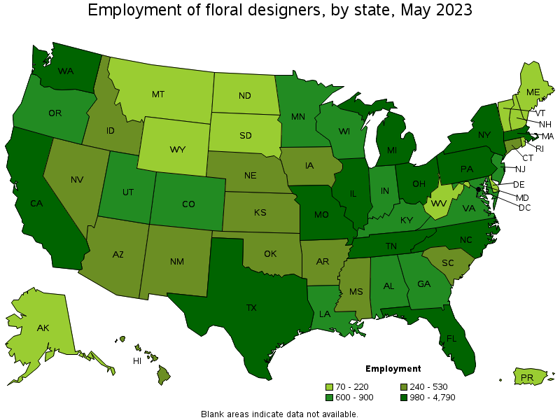 Map of employment of floral designers by state, May 2022