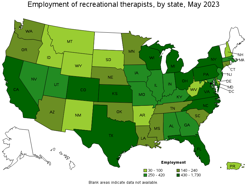 Map of employment of recreational therapists by state, May 2021