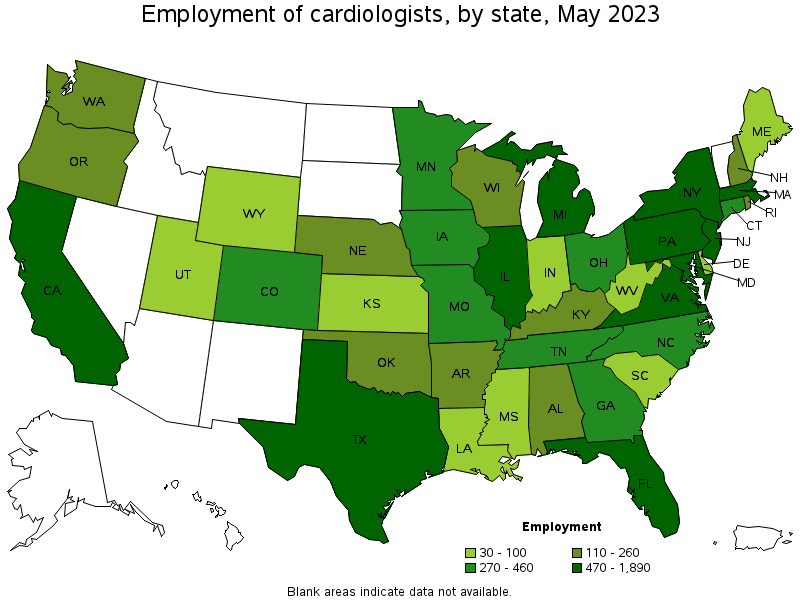 Map of employment of cardiologists by state, May 2021