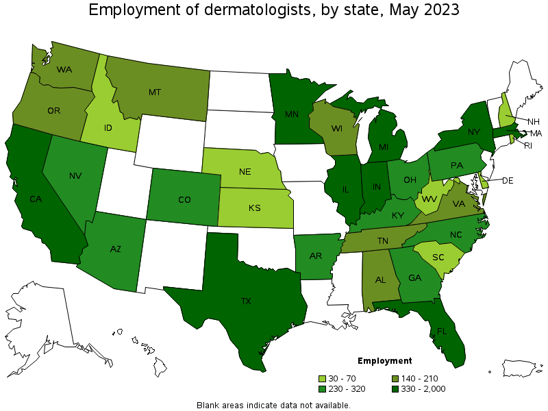 Map of employment of dermatologists by state, May 2021