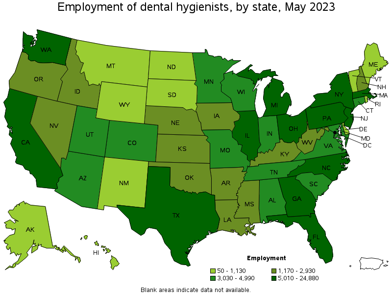 Map of employment of dental hygienists by state, May 2021