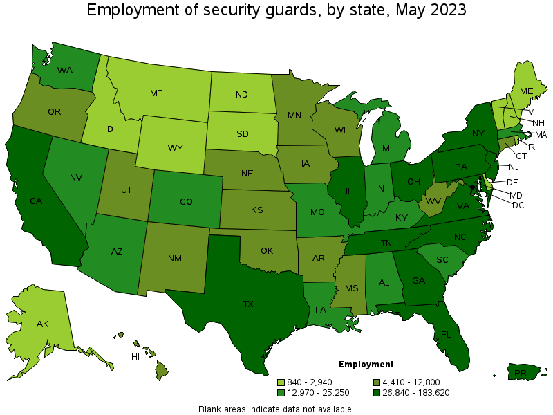Map of employment of security guards by state, May 2022