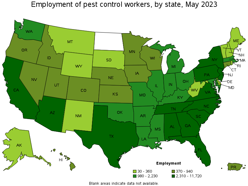 Map of employment of pest control workers by state, May 2022
