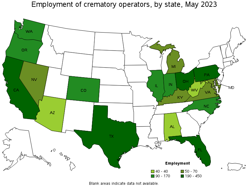 Map of employment of crematory operators by state, May 2021