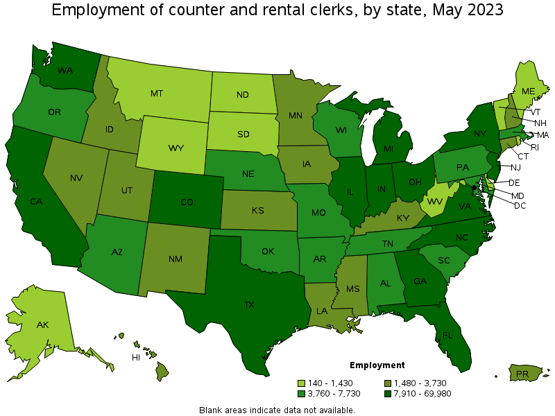 Map of employment of counter and rental clerks by state, May 2021