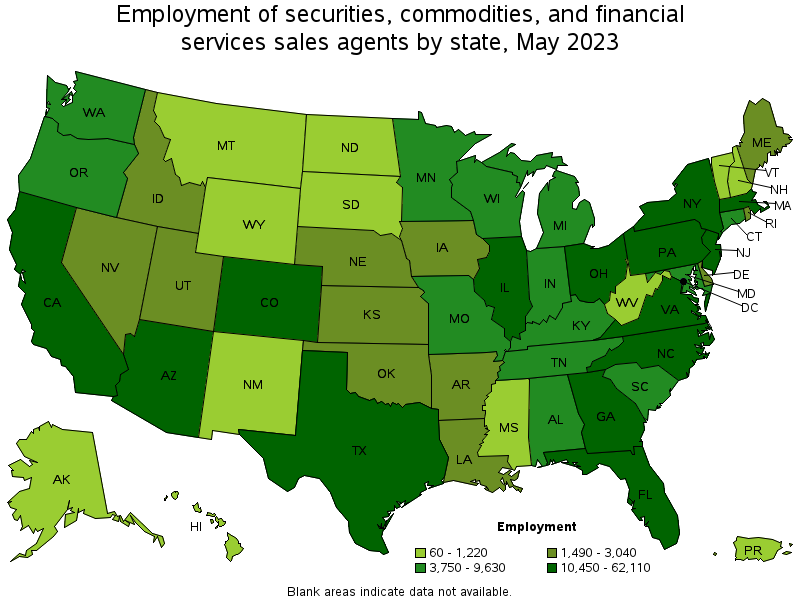 Map of employment of securities, commodities, and financial services sales agents by state, May 2022