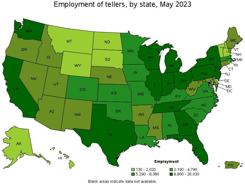 Map of employment of tellers by state, May 2021