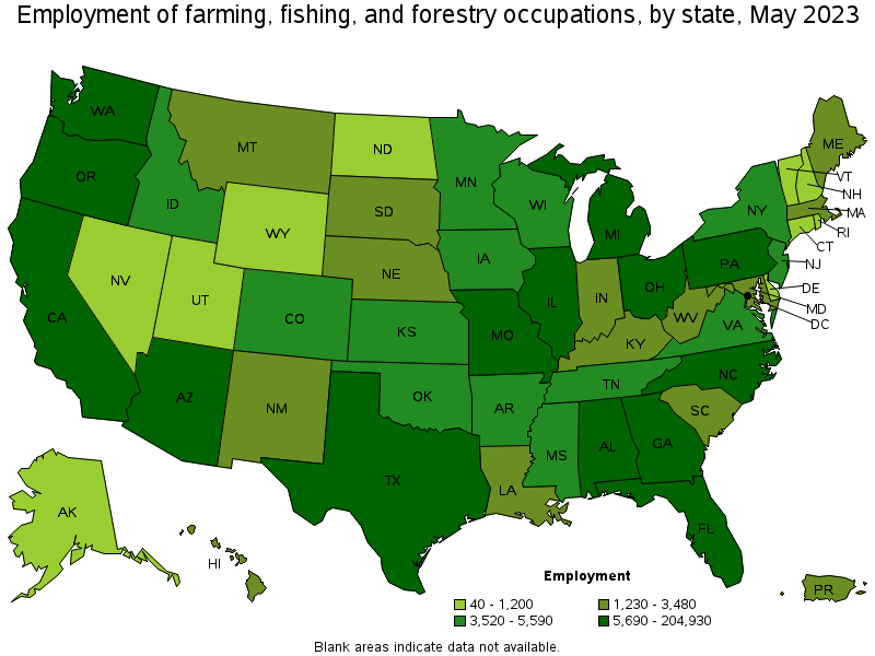 Map of employment of farming, fishing, and forestry occupations by state, May 2022