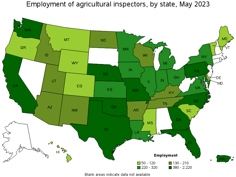 Map of employment of agricultural inspectors by state, May 2022