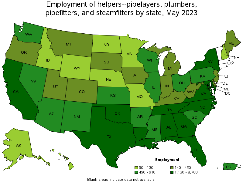 Map of employment of helpers--pipelayers, plumbers, pipefitters, and steamfitters by state, May 2022