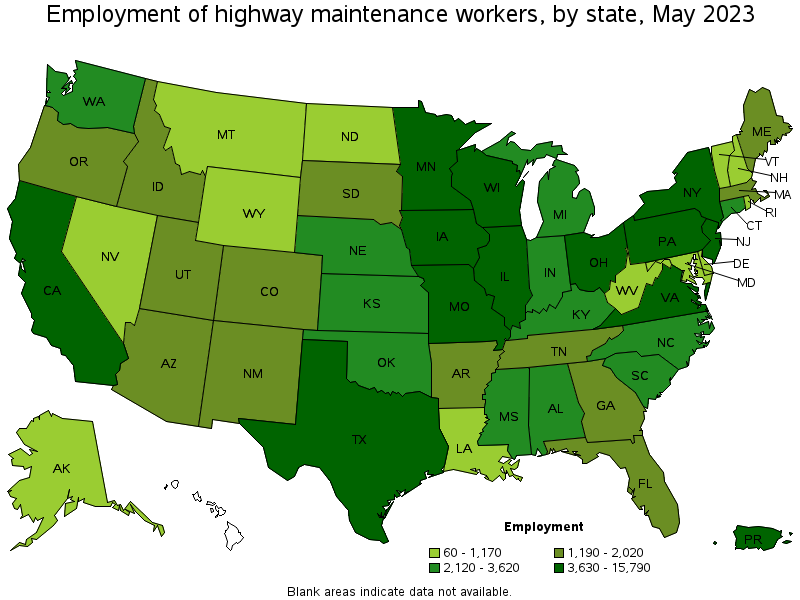 Map of employment of highway maintenance workers by state, May 2022