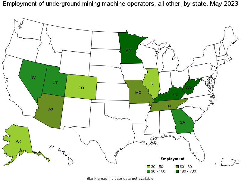 Map of employment of underground mining machine operators, all other by state, May 2021