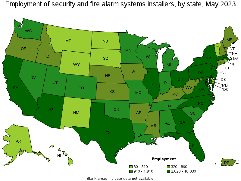 Map of employment of security and fire alarm systems installers by state, May 2022