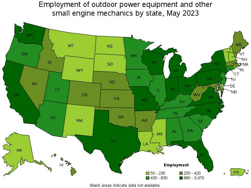 Map of employment of outdoor power equipment and other small engine mechanics by state, May 2021